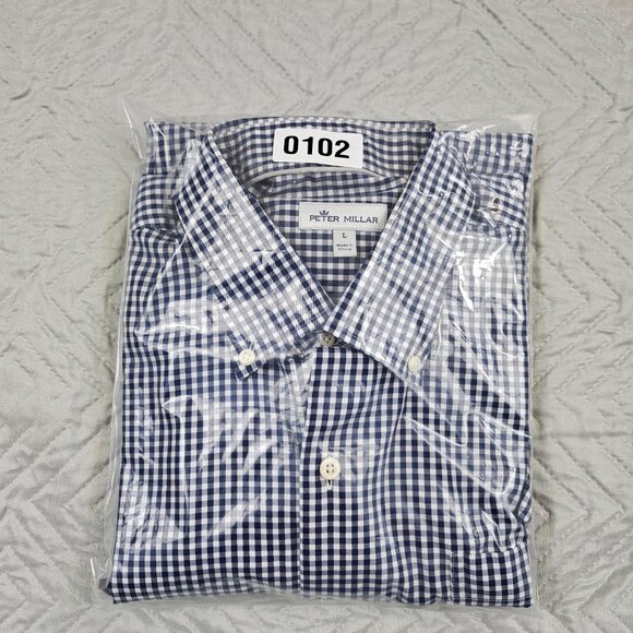 Peter Millar Shirt Mens L Blue White Gingham Check Button Up Cotton Silk Blend - Picture 10 of 10